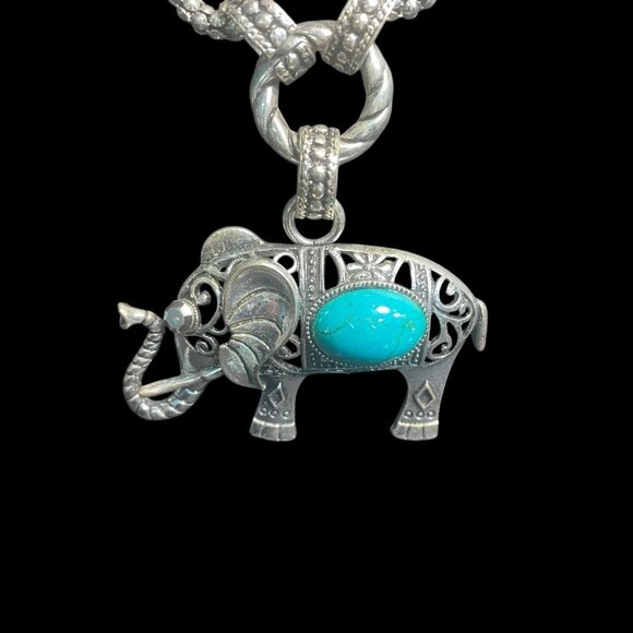 Silver Tone Turquoise Elephant Pendant Necklace Boho Chic Artisanal Spiritual - Picture 2 of 9